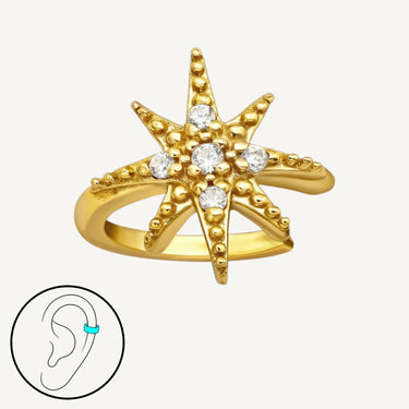 Gold plated sterling silver star shaped earring with embedded cubic zirconia on a white background