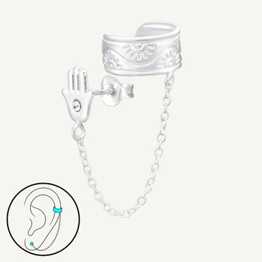925 Sterling Silver CZ Divine Protection Cuff & Chain Earring