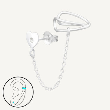 925 Sterling Silver CZ Fierce Heart Cuff & Chain Earring