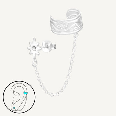 925 Sterling Silver CZ Northern Star Cuff & Chain Earring