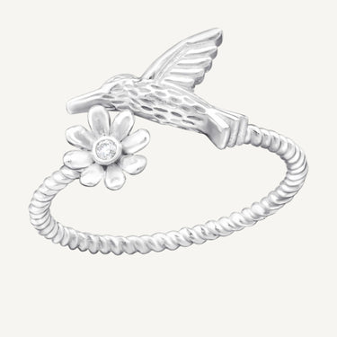 925 Sterling Silver CZ Wildflower and Hummingbird Adjustable Ring