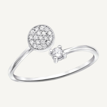 Silver ring with cubic zirconia accents on a white background