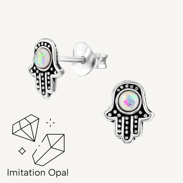 Oxidized 925 Sterling Silver & Opal Hamsa Hand Divine Protection Opal Earrings