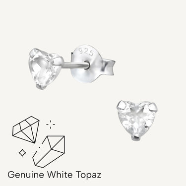 925 Sterling Silver & Genuine White Topaz Soft Power Heart Studs