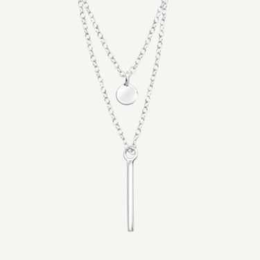 925 Sterling Silver Solid Energy Layered Necklace Featuring Circle & Bar Pendants