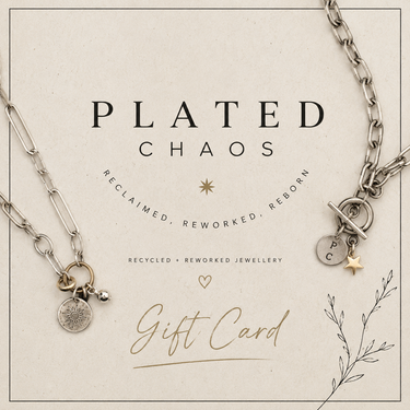 Plated Chaos jewelry gift card with two necklaces on a beige background
