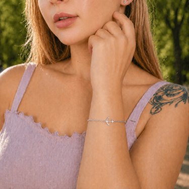 Plated Chaos Model Wearing 925 Sterling Silver Stay Grounded Anchor Bracelet Close Up