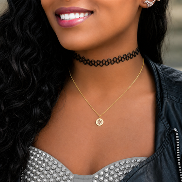 Plated Chaos Model Wearing 24ct Gold Plated 925 Sterling Silver Born to Wander Necklace Close Up