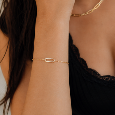 Plated Chaos Model Wearing 24ct Gold Plated 925 Sterling Silver & CZ Golden Aura Bracelet Close Up