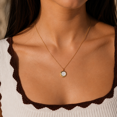Plated Chaos Model Wearing 24ct Gold Plated 925 Sterling Silver CZ & Mother Of Pearl Celestial Harmony Necklace