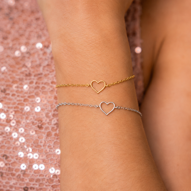 Plated Chaos Model Wearing 24ct Gold Plated & 925 Sterling Silver Love Freely Open Heart Bracelets