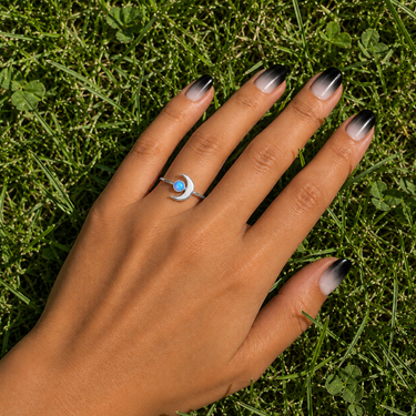 Plated Chaos Model Wearing 925 Sterling Silver & Azure Blue Opal Aurora Moon Ring