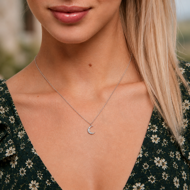 Plated Chaos Model Wearing 925 Sterling Silver CZ Lunar Goddess Necklace Close Up