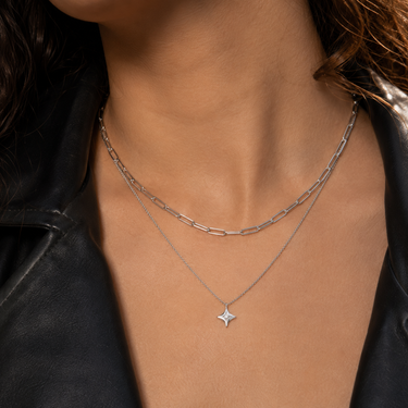 Plated Chaos Model Wearing 925 Sterling Silver CZ Nova Star Necklace