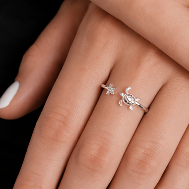 Plated Chaos Model Wearing 925 Sterling Silver Ocean Goddess Adjustable Ring Close Up