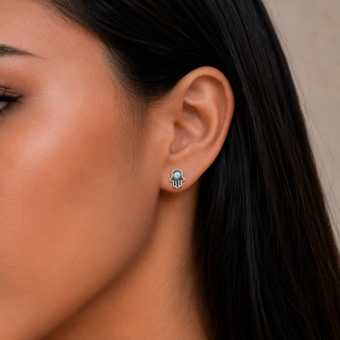 Plated Chaos Model Wearing 925 Sterling Silver & Opal Hamsa Hand Divine Protection Opal Earrings
