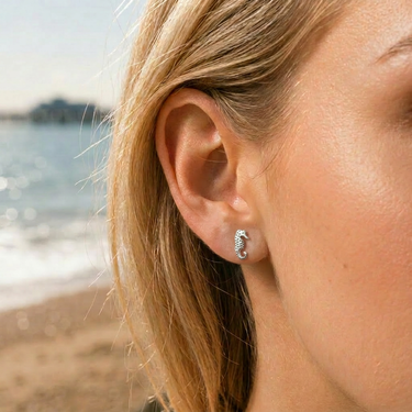 Plated Chaos Model Wearing 925 Sterling Silver Sea Soul Seahorse Stud Earrings Close Up