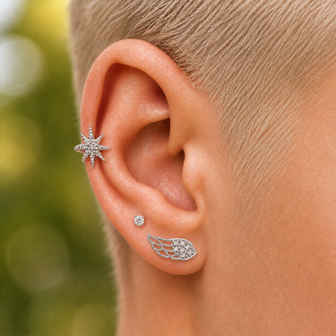 Plated Chaos Model Wearing 925 Sterling Silver She Soars Earrings Close Up