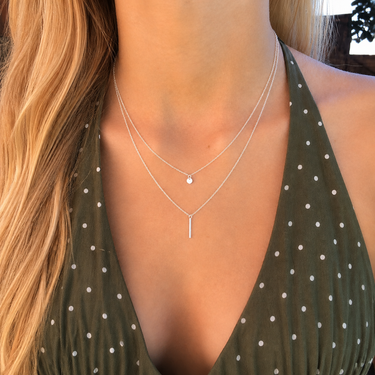 Plated Chaos Model Wearing 925 Sterling Silver Solid Energy Layered Necklace Featuring Circle & Bar Pendants Close Up