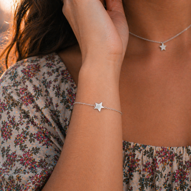 Plated Chaos Model Wearing 925 Sterling Silver Stars Align Bracelet & Matching Choker Necklace