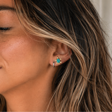 Plated Chaos Model Wearing an Earring Stack featuring the Azure Turtle Stud Earrings in 24ct Gold Plated Sterling Silver