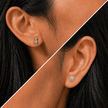 Close Up Of Plated Chaos Model Wearing 925 Sterling Silver Rule Breaker Ocean Stud Earrings